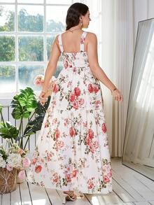 Ellevyn 大码女式印花褶皱腰身优雅派对连衣裙 - 粉色 - 查看 10