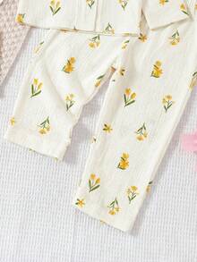 SHEIN 小女孩可爱休闲针织粉色蝴蝶结图案长袖睡衣套装 - 白色 - 查看 6