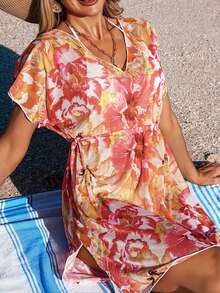 Swim Vcay Women's V-Neck Floral Print Ruched Beach Vacation Dress - Multicolor - View 8