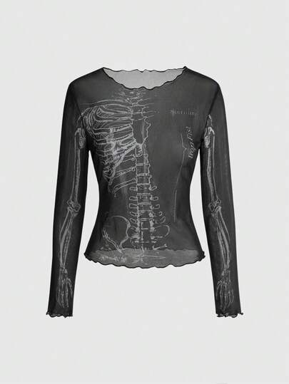 ROMWE Grunge Punk Blusa transparente de malla con cuello redondo y estampado de esqueleto negro de estilo retro estadounidense subcultura Y2K streetwear sexy para mujeres