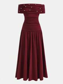 SHEIN 少女纯色酒红色串珠优雅复古返校/派对装、生日装、舞会礼服，针织露肩褶皱长裙，适合居家、户外、派对、聚会等各种场合，露肩中长连衣裙 - 酒紅色 - 查看 2