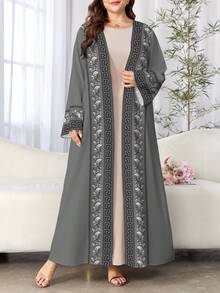 SHEIN Najma 花藤图案数码印花加大码女式灰色春季时尚开衫长袍，优雅长款外套，阿拉伯风格 - 彩色 - 查看 1