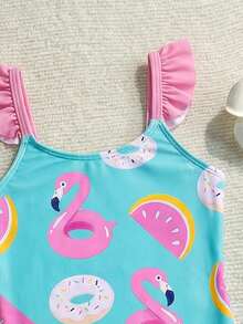 Conjunto de 2 piezas de traje de baño de una sola pieza con estampado de flamenco y donut para niña en vacaciones de playa - Multicolor - Ver 7