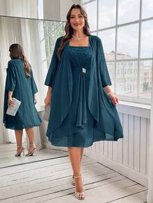 Ellevyn 大码女式水钻装饰褶皱连衣裙和睡袍休闲派对套装 - 藏蓝色 - 查看 14