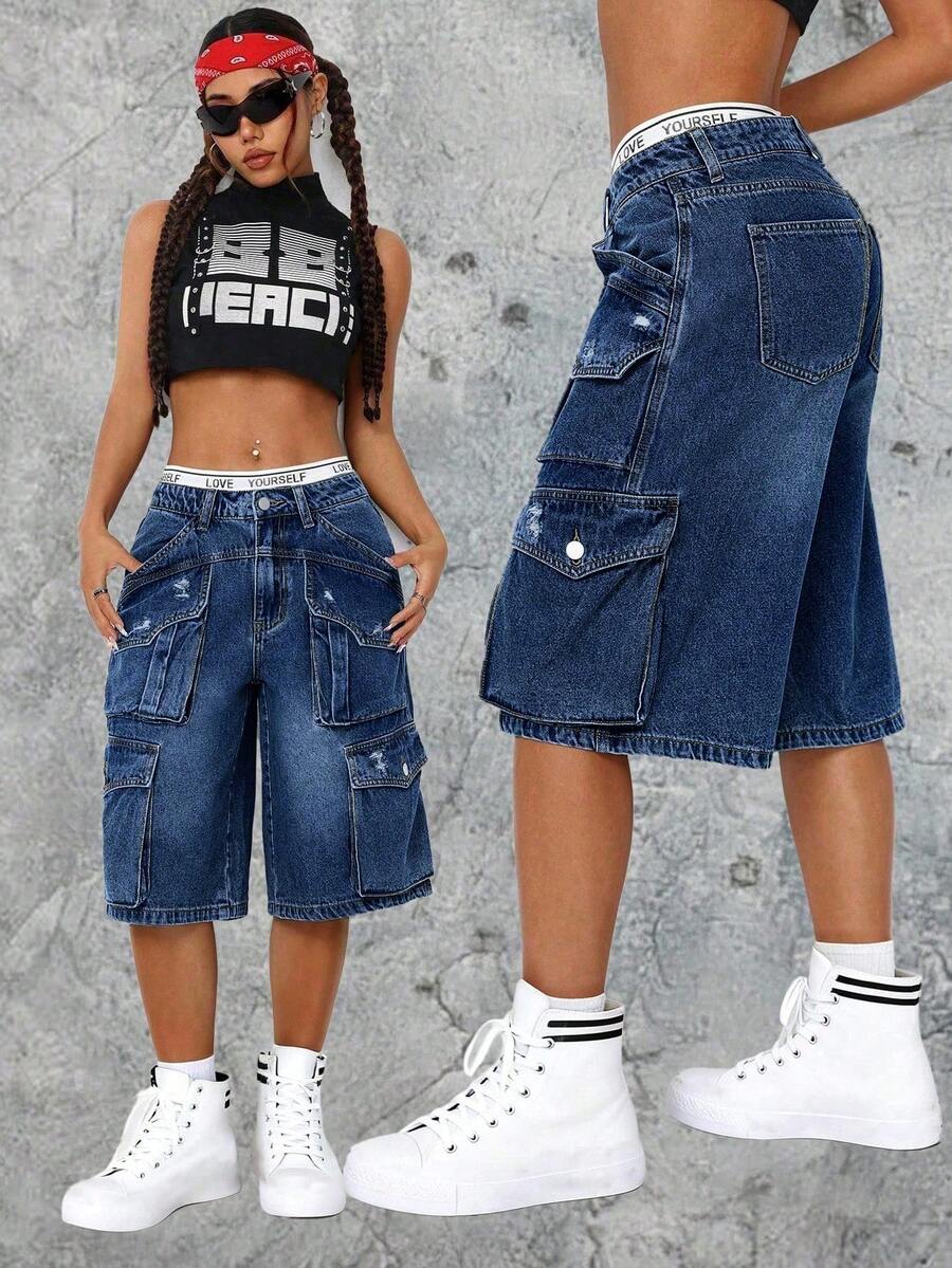 SHEIN ICON Quần short denim nữ dáng rộng, thoải mái với nhiều túi tiện dụng. - Rửa tối - Xem 1