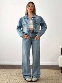 SHEIN Dark Washed Denim Crop Jacket And Straight Jean Set 2 Pieces Denim Sets Woman Woman Suit Denim Outfit Women Denim Two Piece Jean Two Piece Set Rave - Dark Wash - View 6