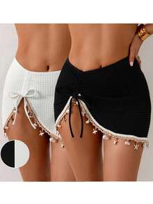 Swim Basics Women's Summer Boho Beach Vacation Holiday Black & White Drawstring Ruched Starfish Shell Tassel Texture Fabric Split Hem Skirt Cover-Up 2-Piece Set - Black and White - View 1