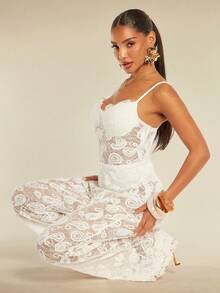 Silquee Bộ áo liền quần nữ màu trơn phối ren, chất liệu xuyên thấu. - trắng - Xem 7