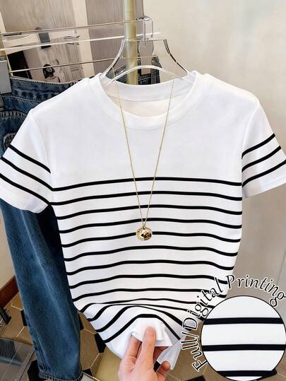 Resyla Camiseta de manga corta de cuello redondo a rayas, versátil y casual para uso diario, talla grande para mujer