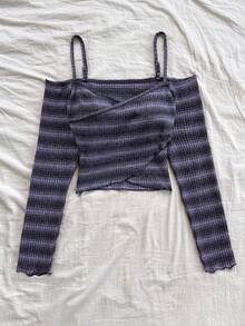 Soleia 女士V领渐变色交叉露肩短款上衣，扭结下摆针织短款上衣 - 紫色 - 查看 6