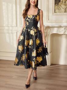 Vintamour 复古经典优雅女士连衣裙，春夏修身金色箔片吊带裙，伞裙摆黑色连衣裙 - 黑色 - 查看 5