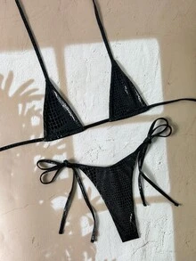 Swim SXY Bộ bikini hai mảnh họa tiết da rắn, kiểu buộc dây cổ, đồ bơi gợi cảm cho kỳ nghỉ hè/xuân trên bãi biển. Bộ bikini màu đen dành cho nữ, bộ bikini gợi cảm, bộ bikini cạp cao, bộ bikini đi nghỉ mát cho nữ, bộ bikini nữ, bộ đồ bơi nữ, đồ bơi nữ, đồ tắm nữ. - màu đen - Xem 4