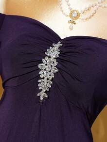 Rometta Plus Size Women's New Greek Goddess Elegant Party Rhinestone Decor Off Shoulder Flare Sleeve Evening Gown, Dreamy Purple Waist-Cinching Bodycon Floor-Length Formal Dress - Purple - View 5