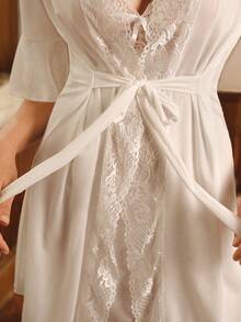 Crystal Vow Lace Panel Flounce Sleeve Belted Mesh Robe & Cami Dress Pajama Set Without Lingerie White Set Bridallingerie - White - View 6