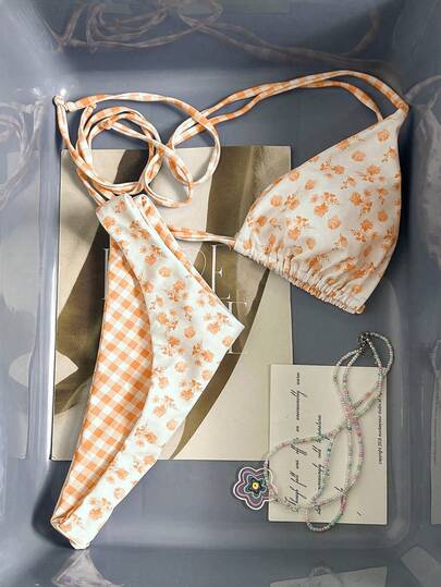 Swim Mod Ny ankomst dam sommar 2-delat set, slumpmässigt blommigt och rutigt mönster triangel halterneck bikiniöverdel och -neddel, badkläder för strandsemester