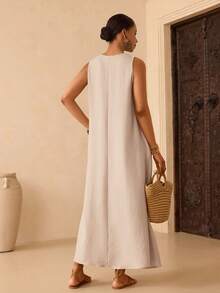 Vesra Apricot V-Neck A-Line Casual Vacation Dress For Women - Apricot - View 2