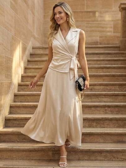 Editum Conjunto de blusa sin mangas con cuello de solapa y falda de unicolor elegante para uso diario y oficina, verano