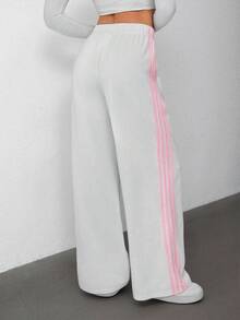 SHEIN Tall White Knit Side Contrast Pink Ribbon Loose Casual Women Sweatpants, Suitable For Spring/Summer - White - View 2