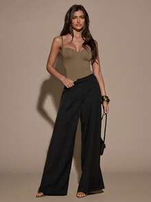 SHEIN BAE Women's Solid Color Casual Versatile Daily Wear Bodysuit - Khaki - View 7