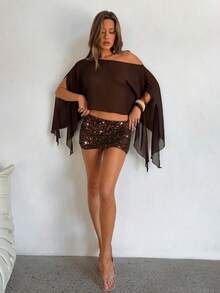 Aloruh 女士新款纯棕色两件套，不对称肩部上衣搭配迷你裙，夏季度假及音乐节波西米亚风穿搭 - 棕色 - 查看 5