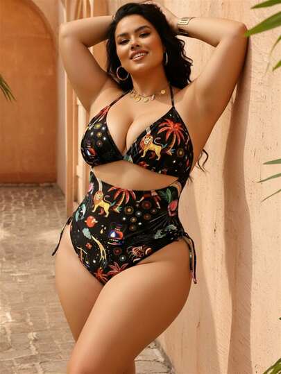 Swim Vcay 大码女式豹纹三角上衣系带泳裤连体泳衣，适合海滩度假