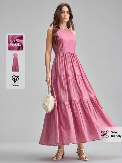 Ontre 女士棕色舒适柔软天丝竖条纹纹理常规肩长袖褶裥下摆现代优雅婚礼宾客礼服，简约浪漫法式奢华都市时尚商务休闲办公装，低调老钱风高端都市通勤高品质机场邮轮中东必备百搭四季婚礼系列连衣裙