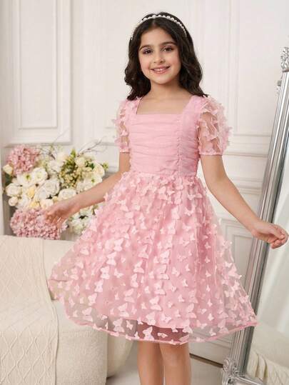 Pitira Tween Girls Partywear Solid Pink Sweet Cute Square Neck Tulle Puff Sleeve Waist Tie A-Line Dress, Princess Dress, White Dress, Suitable For Spring, Summer, Autumn, Winter, Elegant Princess Style, Formal Occasion, Party, Birthday, Girls Daily Wear, Holiday, Family Gathering And Special Occasion, Sister Matching, Cute Elegant Retro Fashion, Suitable For Back To School Season, Elegant Party, Date, Commute, Suitable For Wedding, Birthday Party, Prom, Bridesmaid, Formal Evening Gown, Graduation Ceremony, Spring Festival