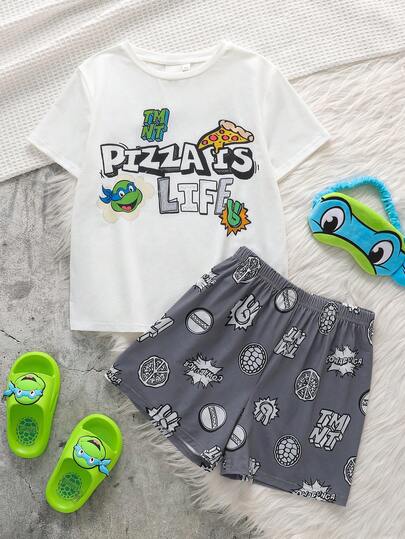 TEENAGE MUTANT NINJA TURTLES | SHEIN Conjunto de pijama de camiseta de manga corta y pantalones cortos con cuello redondo para niño preadolescente, Adolescentes