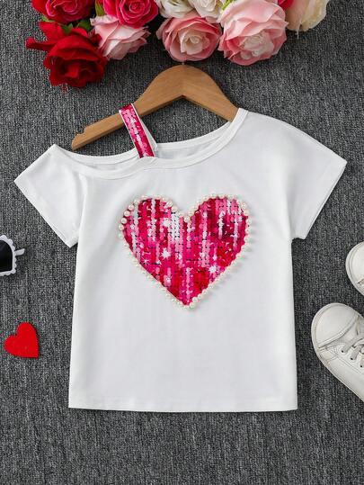 Emery Rose Kids Girls' Vacation Style Short Sleeve T-Shirt, Spaghetti Strap Oblique Shoulder Red Heart Pearl Decor Casual Top For Outing, Party, Travel