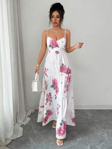 Selianne 女士春夏印花V领吊带腰带A字连衣裙 - 白色 - 查看 8