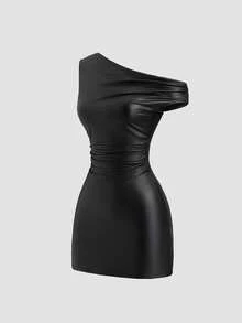 Sweetra Spring/Summer New Asymmetrical Shoulder Dress, Special Fabric Waist-Cinching Slim-Fit Mini Dress, Suitable For Party Wear - Black - View 1
