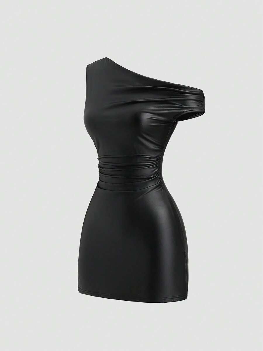 Sweetra Spring/Summer New Asymmetrical Shoulder Dress, Special Fabric Waist-Cinching Slim-Fit Mini Dress, Suitable For Party Wear - Black - View 1