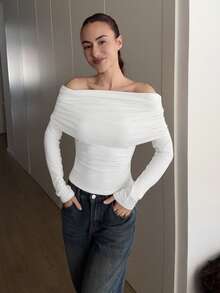 Abrilcols Camiseta ajustada con cuello cuadrado, hombros descubiertos, solapa grande y dobladillo con cordón, para primavera/otoño - Blanco - Ver 6