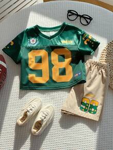 SHEIN 2pcs Baby Boy Fashionable Sporty Jersey Short Sleeve T-Shirt Set, Suitable For Spring/Summer Baby Sports Jerseys Boy Toddler Set Boy Summer Sets Boy Toddler Clothes - Green - View 7