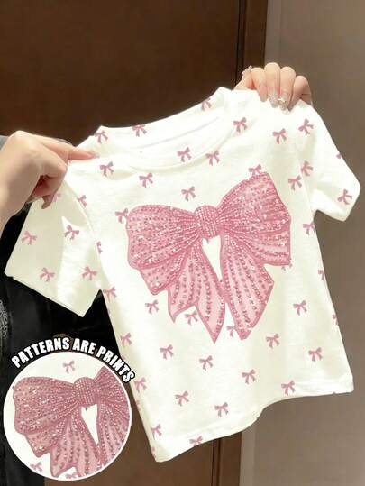 SHEIN Cute Bow Print Mini Tee, Elegant Pink Bow Print Pattern, Chic Young Girl Casual Minimalist Round Neck Short Sleeve T-Shirt Suitable For Summer