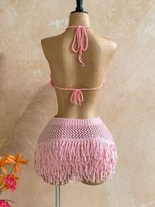 Soleia Women's Vacation Casual Loose Knit Fringe Sweater And Mini Skirt Set, Suitable For Beach, Cruise, Road Trip, Holiday, Date, Afternoon Tea, Music Festival, Boho, Summer, All Season, Daily Commute - Pink - View 5