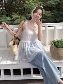 K-Vae Women's Sleeveless Casual Sweet Outdoor Vacation Beach Holiday Outfit Sheer Mesh Tank Top, Spring/Summer - White - View 3