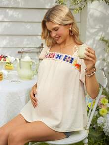 SHEIN 孕妇款女士刺绣休闲吊带背心 - 杏色 - 查看 3