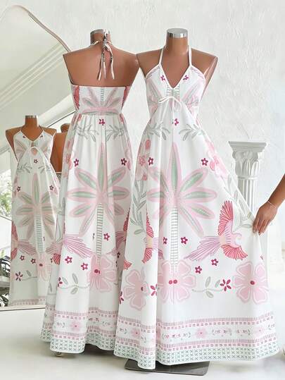 GlowEve Women's Summer New Vacation Floral Print Spaghetti Strap Dress, Pink