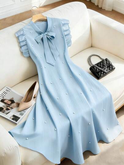 Franclia Women's Light Blue Textured Cap Sleeve Mid-Length Pearl Decor Round Neck Dress, Spring/Summer