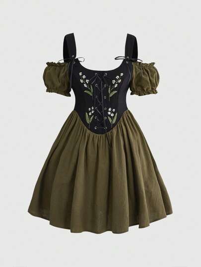 ROMWE Fairycore Plus Size Women Floral Embroidery Knot Ruched Waist Elegant Party Dress, Country