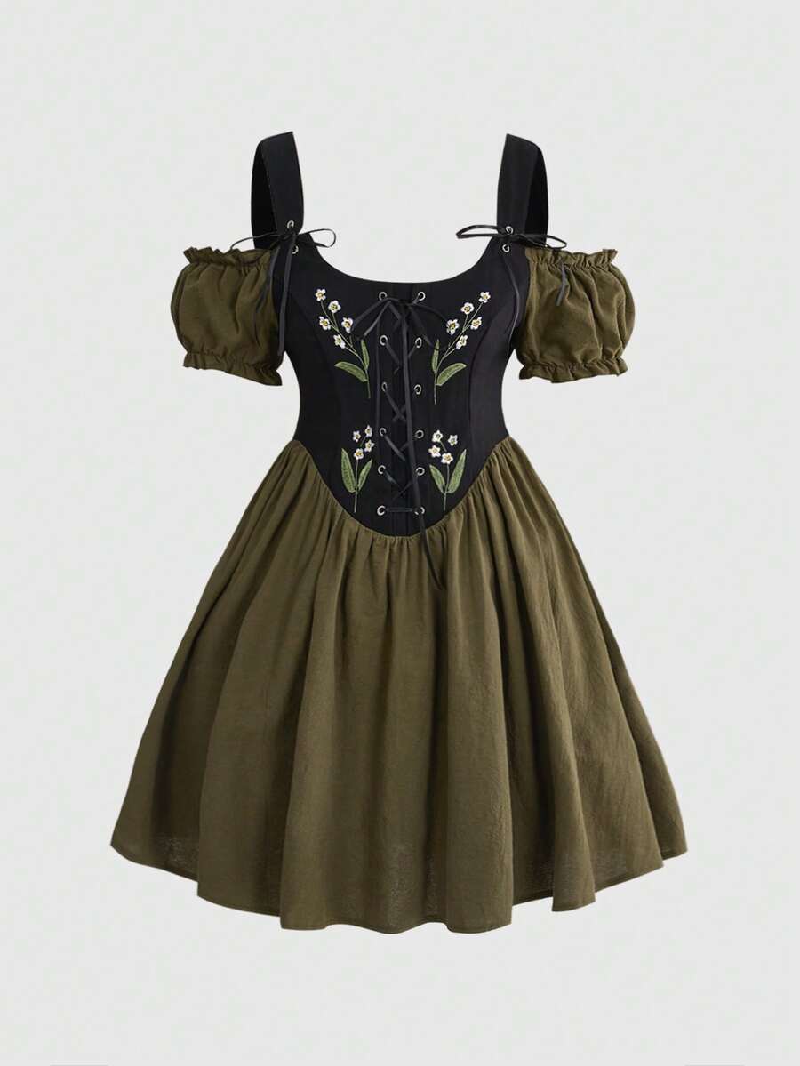 ROMWE Fairycore 大码女式花卉刺绣打结褶皱腰身优雅派对连衣裙 - 綠色 - 查看 1