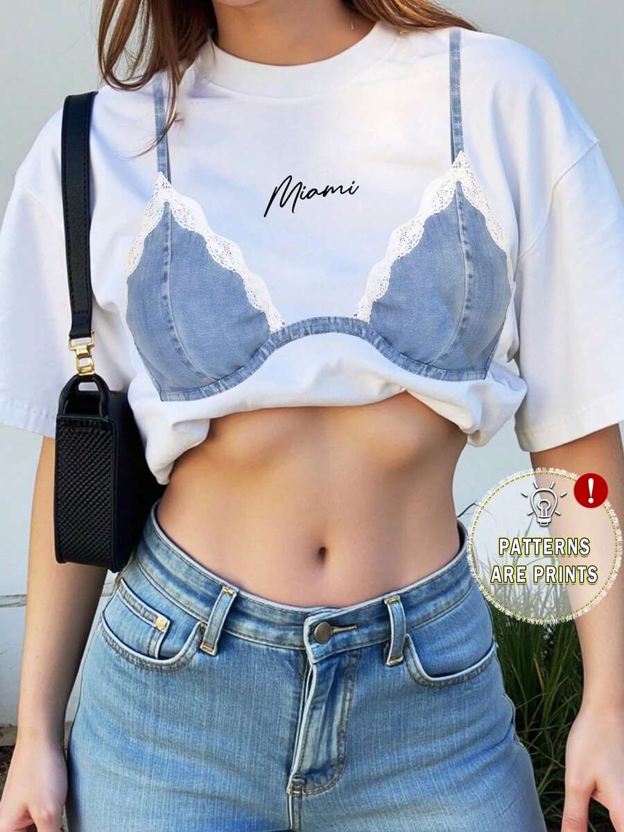 INAWLY 女士字母印花落肩休闲宽松圆领 T 恤 - 白色 - 查看 1