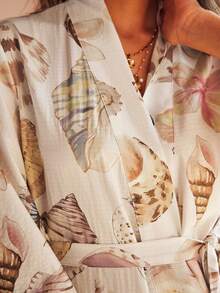 Women's Bohemian Vacation Casual Ocean Element Shell & Hibiscus Print Loose Tie-Waist Woven Robe - Multicolor - View 6