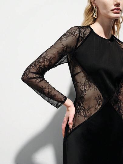 Aveloria Modichic 黑色纯色缎面几何镂空蕾丝拼接修身长袖连衣裙，性感透视拼接设计，优雅百搭的女士派对礼服