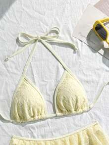 Swim Mod Bộ 2 món đồ bơi bikini tam giác hở lưng dây mảnh gợi cảm tối giản màu trơn & viền bèo nhún - Màu vàng - Xem 6
