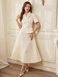 Vintamour 复古经典优雅女士套装，春夏修身双排扣翻领套装，杏色百褶裙套装 - 杏色 - 查看 7