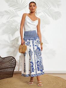 Amorya 女士波西米亚风印花A字裙，蓝白印花休闲度假装，春夏款 - 藍白色 - 查看 4