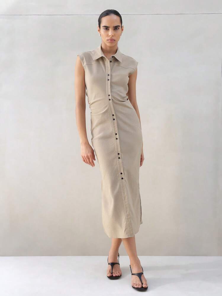 KSTM Women's Sleeveless Button Front Midi Shirt Dress With Collared Neckline And Draped Waist Detail For Work Day And Casual Occasions