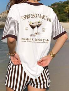 Jouncy Women's Summer Two Pieces Set, White And Brown Striped Shorts, Loose Women's T-Shirt, Basic Best-Selling Set, Cocktail Party Pattern - Multicolor - View 2